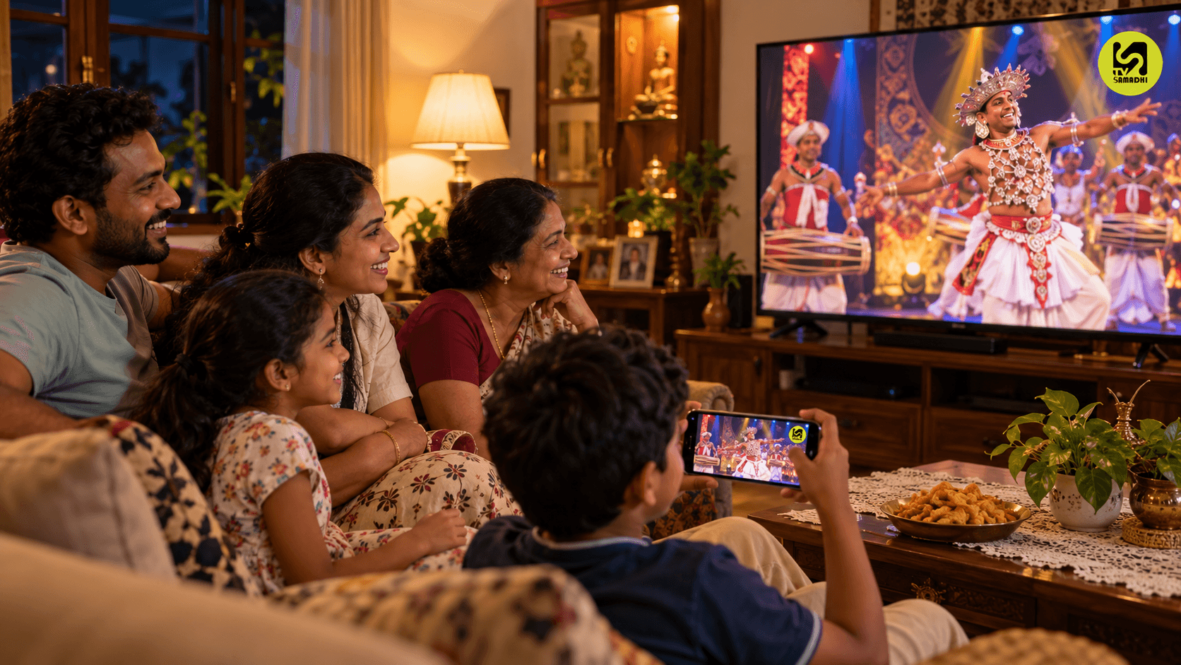 A family at home watching a TV Samadhi broadcast of a cultural dance on their TV and phone
