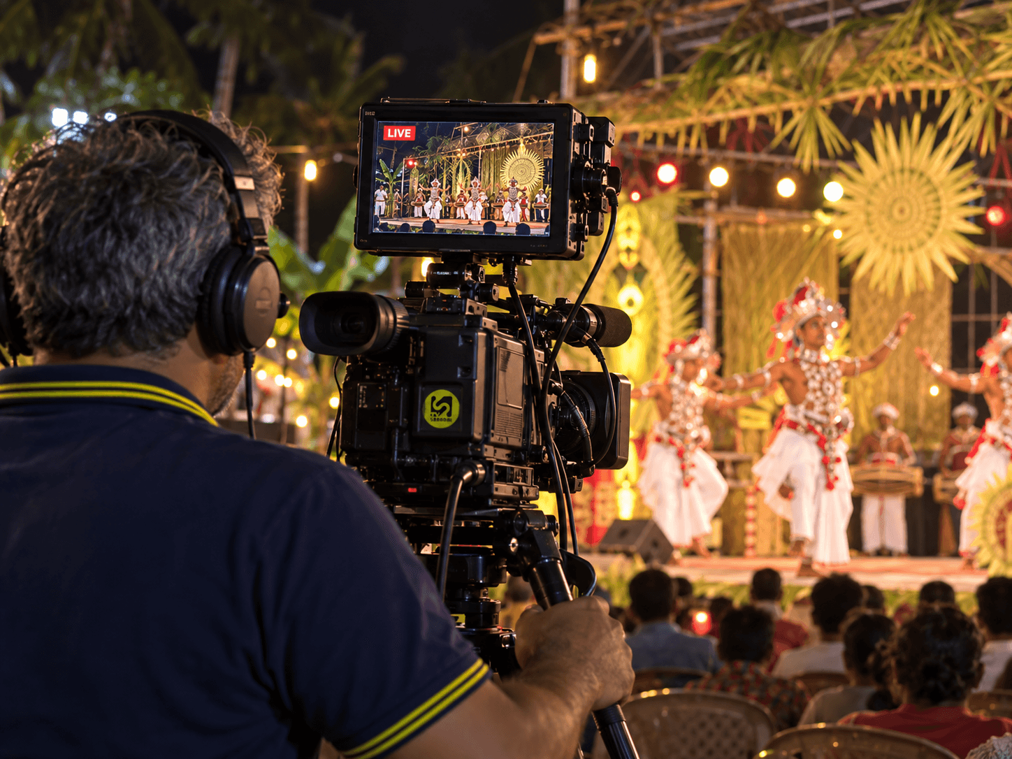 A TV Samadhi camera operator broadcasting a Kandyan dance performance live at a night-time cultural event